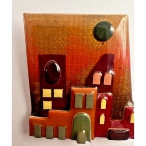 Lucinda House Pin Brooch Town Scene Resin Pueblo Casas Vintage Cityscape Artisan